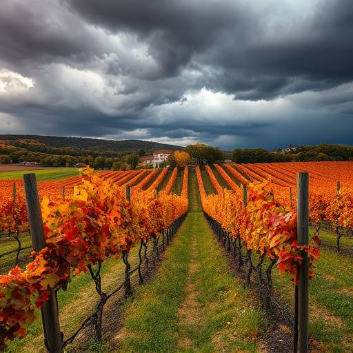 Affiche de la série 'Le Sang de la Vigne', montrant un vignoble en automne sous un ciel orageux.