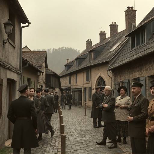 Affiche de la série 'Un Village Franäais', avec des personnages en costumes d'époque dans un village franäais pendant la guerre.