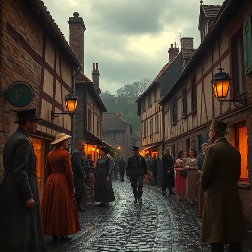 Affiche de 'Un Village Franäais', avec des personnages en costumes d'époque dans un village franäais pendant la guerre.