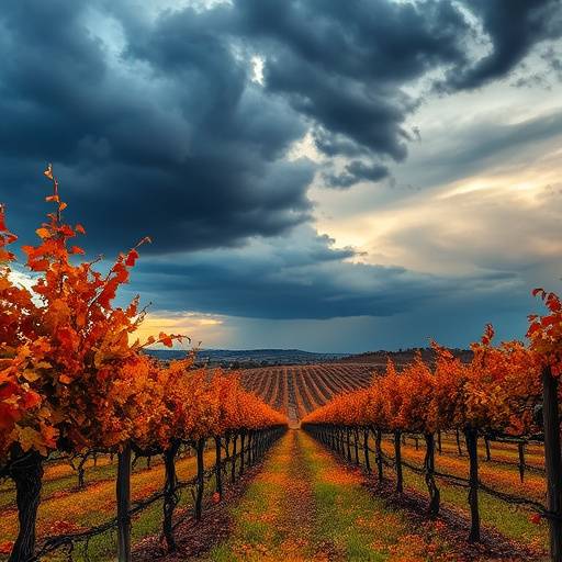 Image de 'Le Sang de la Vigne', montrant un vignoble en automne sous un ciel orageux.
