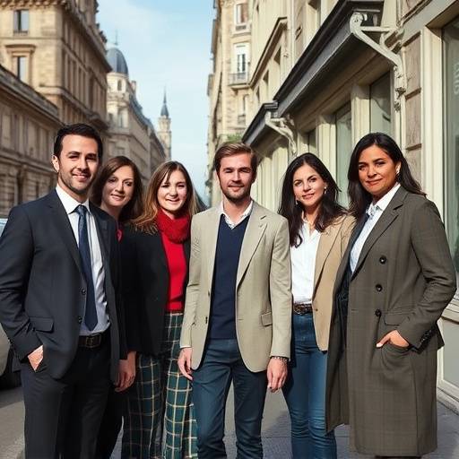 Photo de groupe des agents de 'Dix Pour Cent' devant leur agence à Paris.